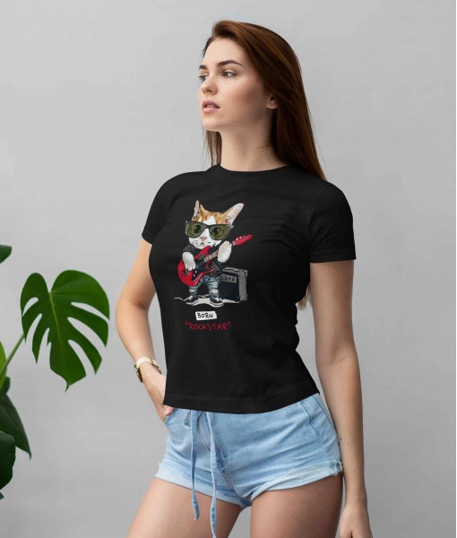 Дамска тениска с щампа Арт Cute rockstar cat
